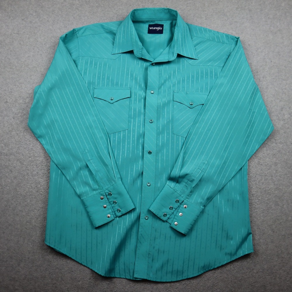 Wrangler Western Shirt Mens XL Teal Jacquard Stripe Pearl Snap Long Cowboy Shirt